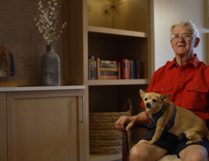 Friendship Village of South Hills resident Denny Ommert participates in an interview.